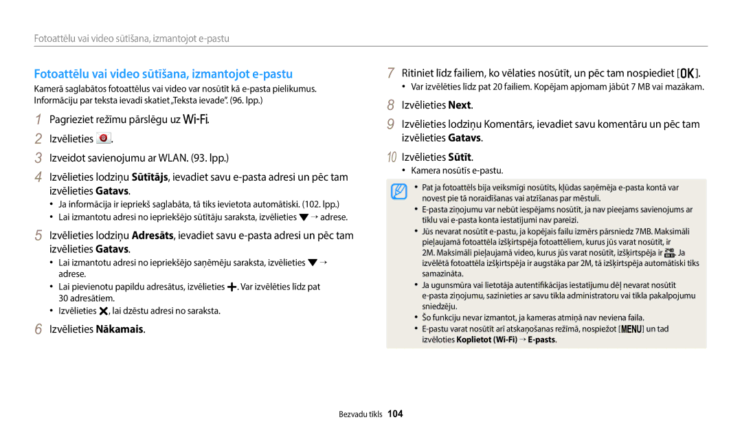 Samsung EC-WB1100BPBE2 manual Fotoattēlu vai video sūtīšana, izmantojot e-pastu, Kamera nosūtīs e-pastu 