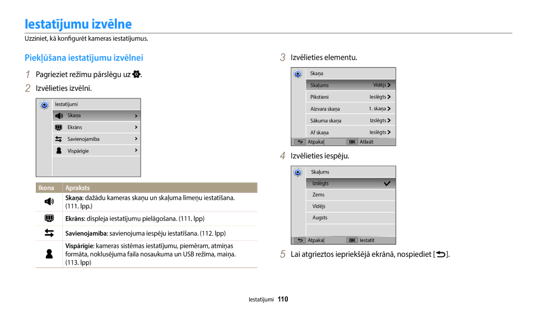 Samsung EC-WB1100BPBE2 manual Iestatījumu izvēlne, Piekļūšana iestatījumu izvēlnei, Izvēlieties elementu 