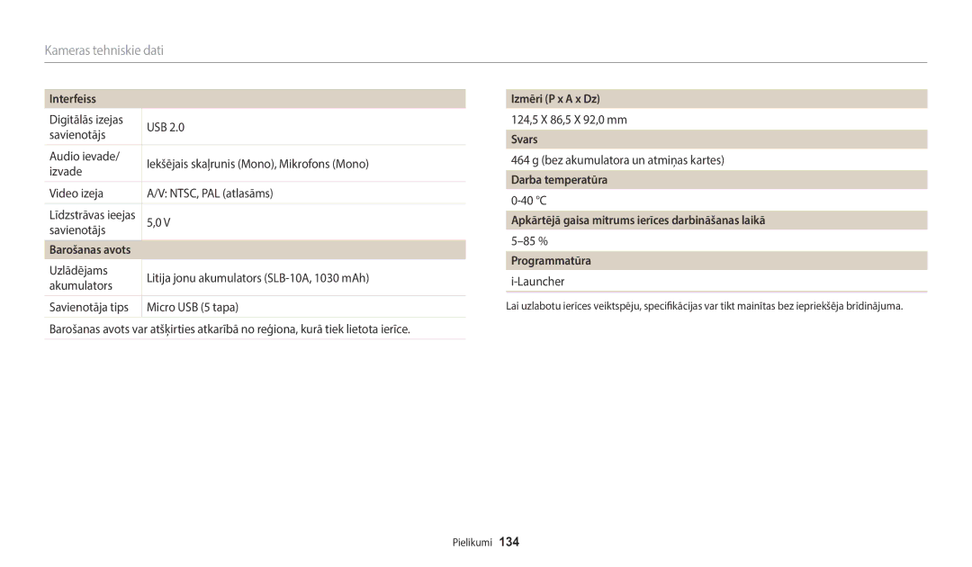 Samsung EC-WB1100BPBE2 manual Interfeiss, Izmēri P x a x Dz, Svars, Darba temperatūra, Programmatūra 