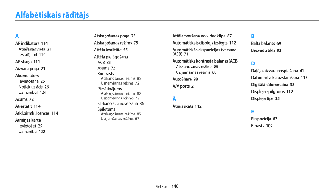 Samsung EC-WB1100BPBE2 manual Alfabētiskais rādītājs 