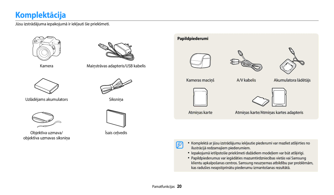 Samsung EC-WB1100BPBE2 manual Komplektācija, Uzlādējams akumulators, Papildpiederumi, Kameras maciņš Kabelis, Atmiņas karte 