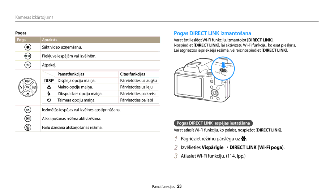 Samsung EC-WB1100BPBE2 manual Pogas Direct Link izmantošana, Pagrieziet režīmu pārslēgu uz, Atlasiet Wi-Fi funkciju . lpp 