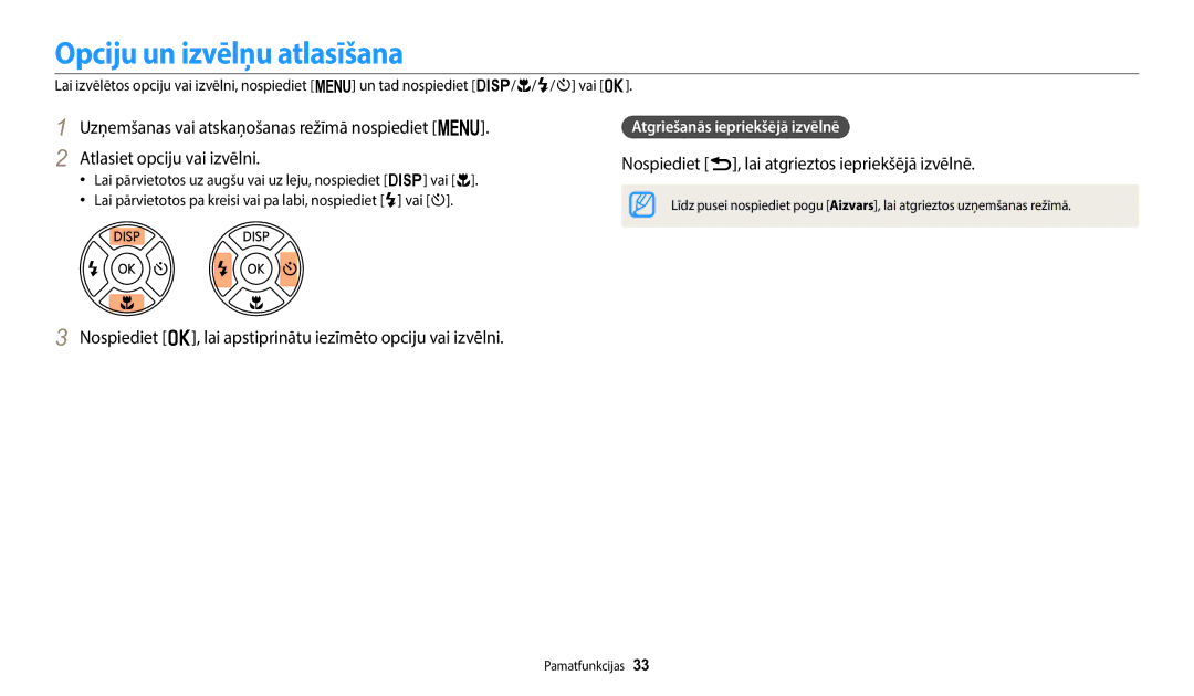 Samsung EC-WB1100BPBE2 manual Opciju un izvēlņu atlasīšana, Nospiediet r, lai atgrieztos iepriekšējā izvēlnē 