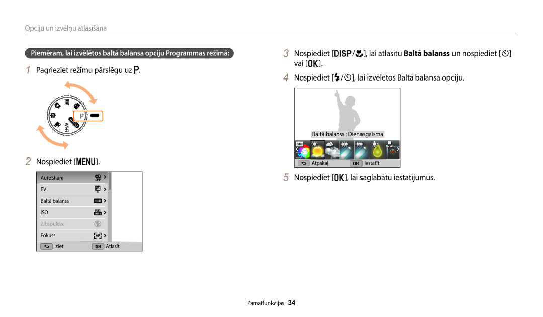 Samsung EC-WB1100BPBE2 manual Pagrieziet režīmu pārslēgu uz Nospiediet m, Nospiediet o, lai saglabātu iestatījumus 