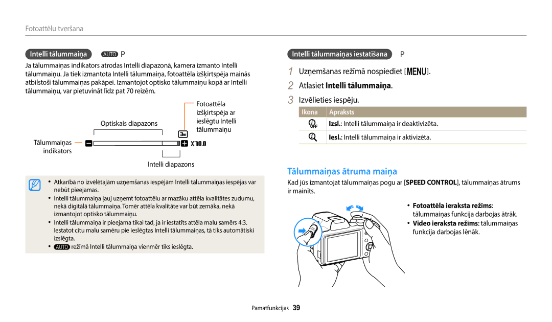 Samsung EC-WB1100BPBE2 manual Tālummaiņas ātruma maiņa, Uzņemšanas režīmā nospiediet m, Atlasiet Intelli tālummaiņa 