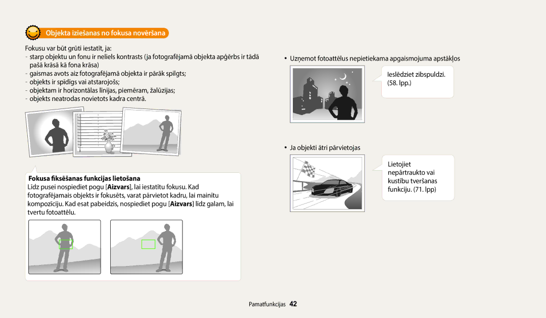Samsung EC-WB1100BPBE2 manual Objekta iziešanas no fokusa novēršana, Fokusa fiksēšanas funkcijas lietošana 
