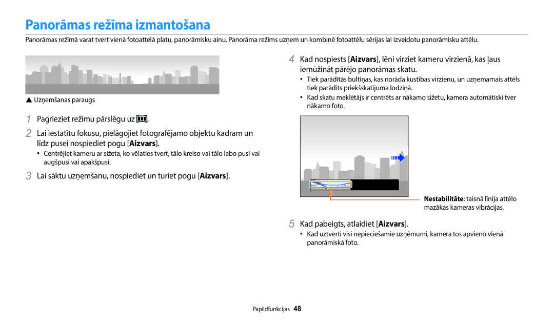 Samsung EC-WB1100BPBE2 Panorāmas režīma izmantošana, Iemūžināt pārējo panorāmas skatu, Kad pabeigts, atlaidiet Aizvars 