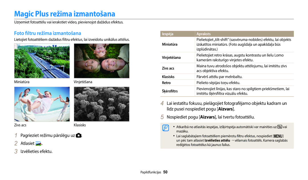 Samsung EC-WB1100BPBE2 manual Magic Plus režīma izmantošana, Foto filtru režīma izmantošana 