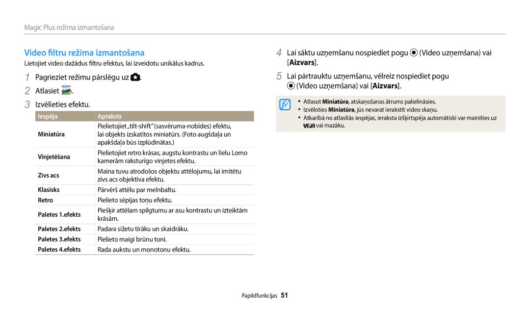 Samsung EC-WB1100BPBE2 manual Video filtru režīma izmantošana, Aizvars, Magic Plus režīma izmantošana 