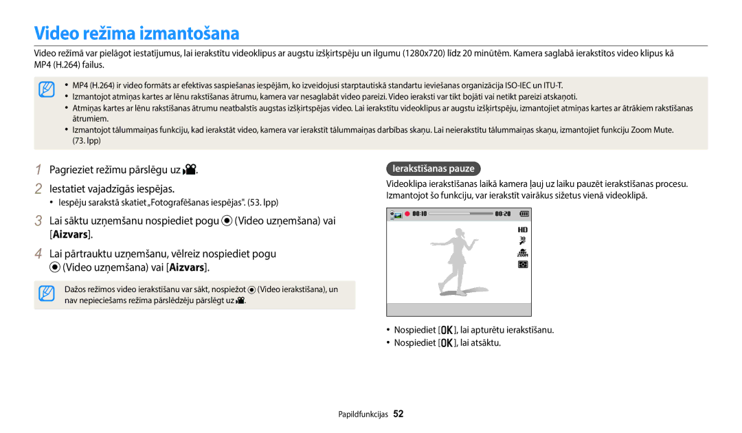 Samsung EC-WB1100BPBE2 manual Video režīma izmantošana, Ierakstīšanas pauze 