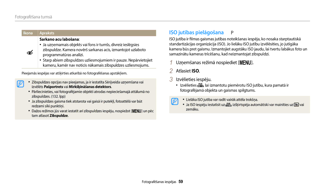 Samsung EC-WB1100BPBE2 manual ISO jutības pielāgošana, Sarkano acu labošana 