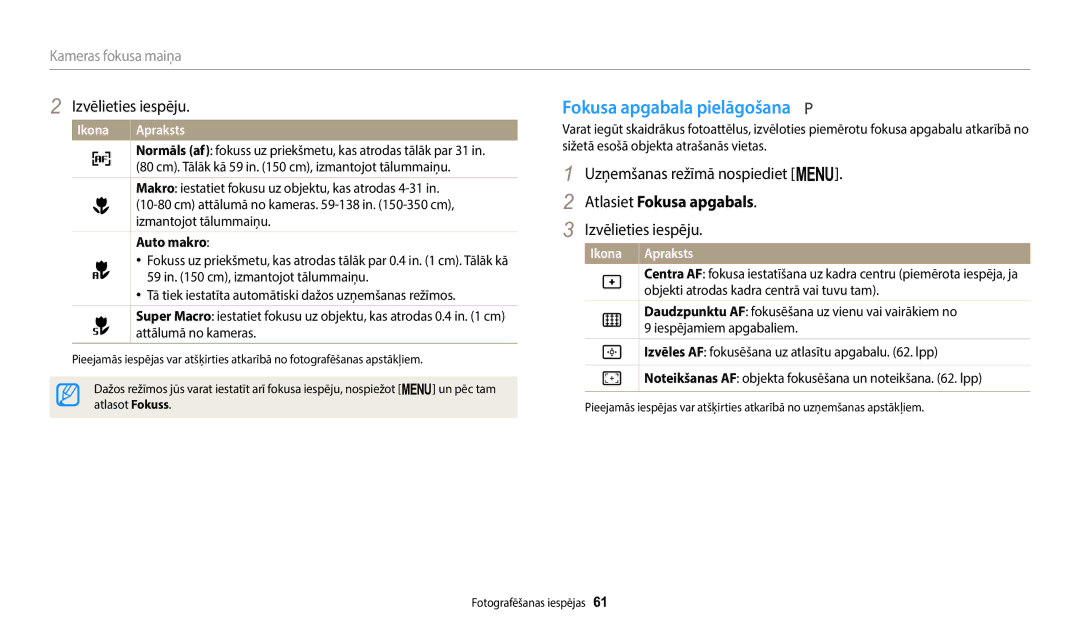 Samsung EC-WB1100BPBE2 manual Fokusa apgabala pielāgošana, Atlasiet Fokusa apgabals, Kameras fokusa maiņa, Auto makro 