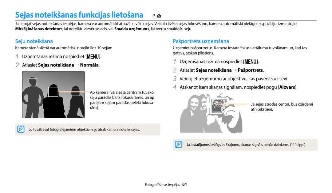 Samsung EC-WB1100BPBE2 manual Sejas noteikšanas funkcijas lietošana, Seju noteikšana, Pašportreta uzņemšana 