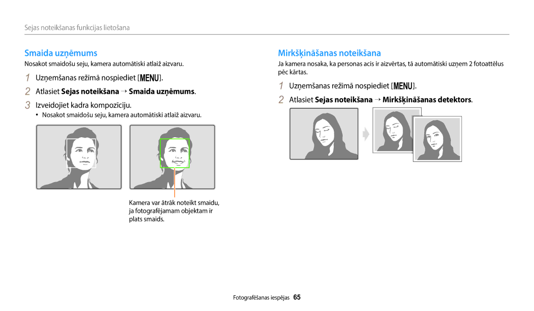 Samsung EC-WB1100BPBE2 manual Mirkšķināšanas noteikšana, Atlasiet Sejas noteikšana → Smaida uzņēmums 