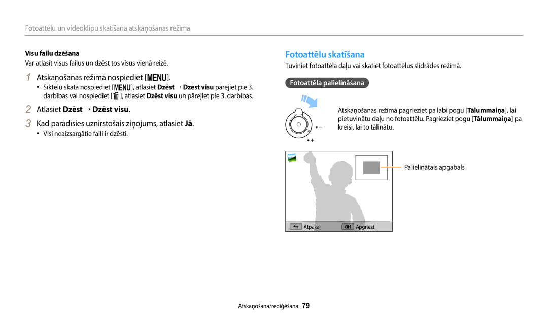 Samsung EC-WB1100BPBE2 manual Fotoattēlu skatīšana, Atskaņošanas režīmā nospiediet m, Atlasiet Dzēst → Dzēst visu 