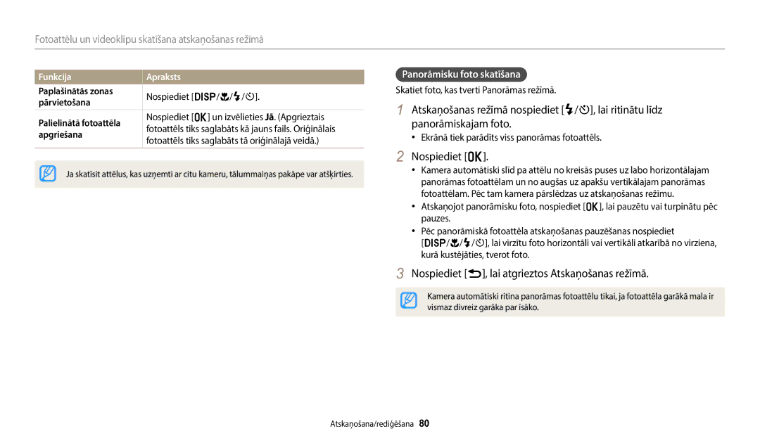 Samsung EC-WB1100BPBE2 manual Nospiediet o, Nospiediet r, lai atgrieztos Atskaņošanas režīmā, Panorāmisku foto skatīšana 