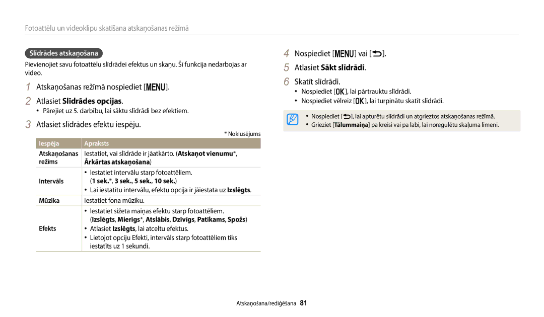 Samsung EC-WB1100BPBE2 manual Nospiediet m vai r, Atlasiet Sākt slīdrādi, Skatīt slīdrādi, Atlasiet Slīdrādes opcijas 