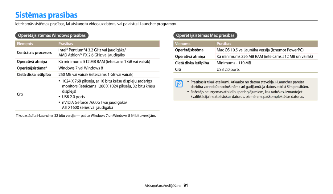 Samsung EC-WB1100BPBE2 manual Sistēmas prasības, Operētājsistēmas Windows prasības, Operētājsistēmas Mac prasības 