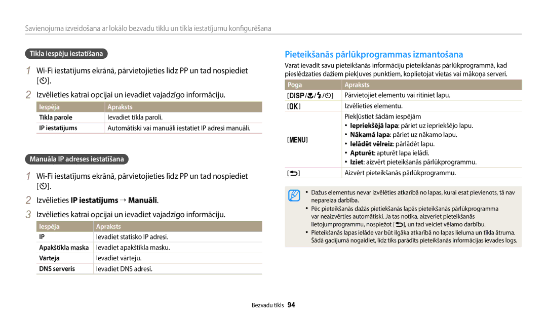 Samsung EC-WB1100BPBE2 manual Pieteikšanās pārlūkprogrammas izmantošana, Izvēlieties IP iestatījums → Manuāli 