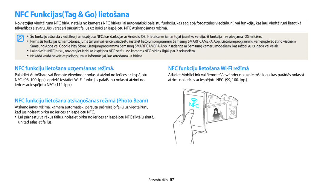 Samsung EC-WB1100BPBE2 manual NFC FunkcijasTag & Go lietošana, NFC funkciju lietošana uzņemšanas režīmā 