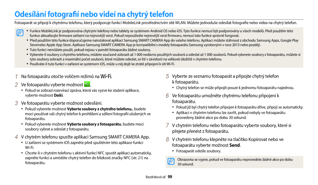 Samsung EC-WB1100BPBE3 manual Odesílání fotografií nebo videí na chytrý telefon, Ve fotoaparátu vyberte možnost odesílání 