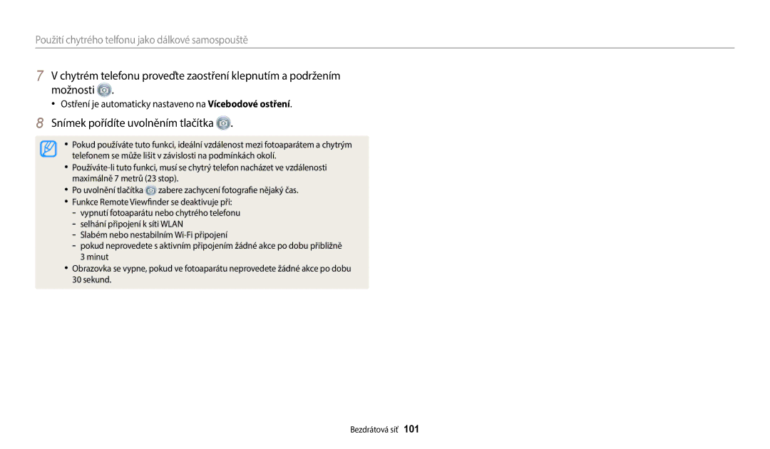 Samsung EC-WB1100BPBE3 manual Snímek pořídíte uvolněním tlačítka, Použití chytrého telfonu jako dálkové samospouště 