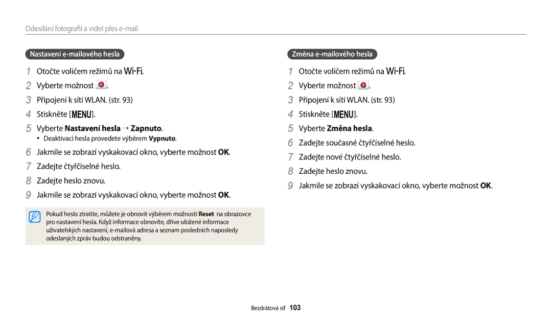 Samsung EC-WB1100BPBE3 manual Vyberte Nastavení hesla → Zapnuto, Vyberte možnost Připojení k síti WLAN. str Stiskněte m 