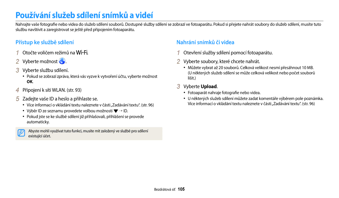 Samsung EC-WB1100BPBE3 manual Používání služeb sdílení snímků a videí, Přístup ke službě sdílení, Nahrání snímků či videa 