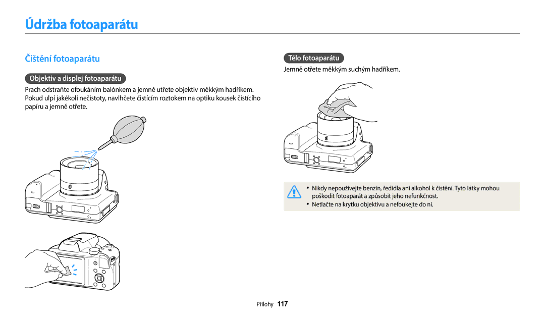 Samsung EC-WB1100BPBE3 manual Údržba fotoaparátu, Čištění fotoaparátu, Objektiv a displej fotoaparátu, Tělo fotoaparátu 