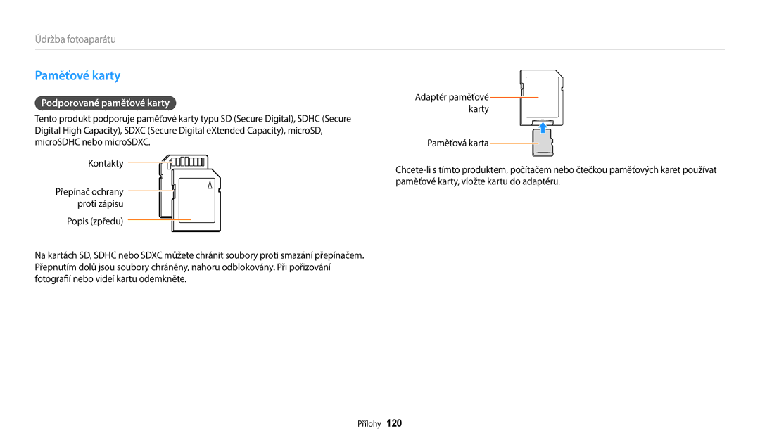 Samsung EC-WB1100BPRE3, EC-WB1100BPBE3 manual Paměťové karty, Podporované paměťové karty 