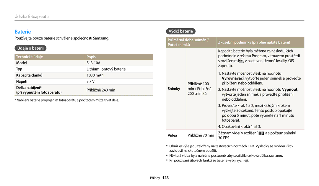 Samsung EC-WB1100BPBE3, EC-WB1100BPRE3 manual Baterie, Údaje o baterii Výdrž baterie, Model, Snímky, Videa 