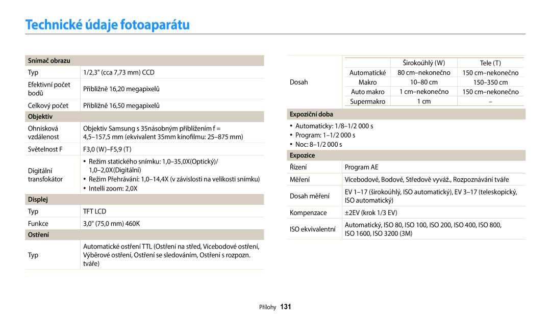 Samsung EC-WB1100BPBE3, EC-WB1100BPRE3 manual Technické údaje fotoaparátu 