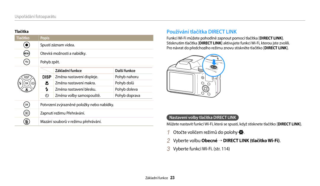 Samsung EC-WB1100BPBE3 manual Používání tlačítka Direct Link, Otočte voličem režimů do polohy, Vyberte funkci Wi-Fi. str 