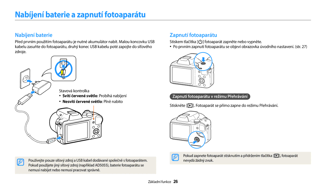 Samsung EC-WB1100BPRE3, EC-WB1100BPBE3 manual Nabíjení baterie a zapnutí fotoaparátu, Zapnutí fotoaparátu 