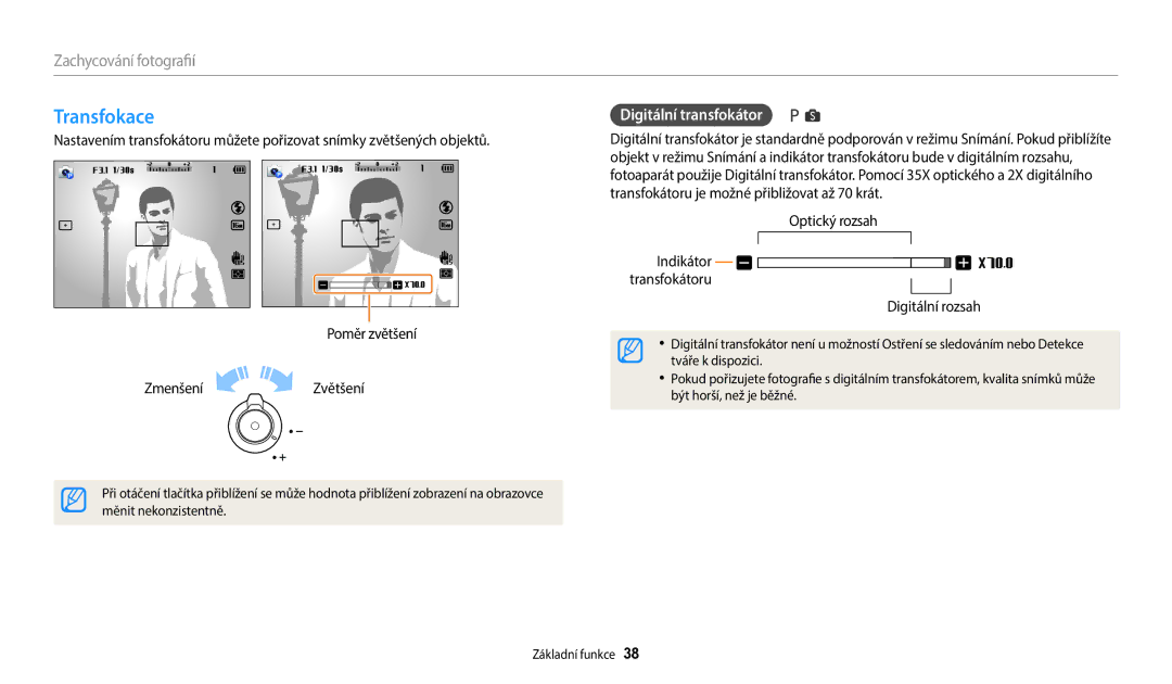 Samsung EC-WB1100BPRE3, EC-WB1100BPBE3 manual Transfokace, Zachycování fotografií, Digitální transfokátor, Digitální rozsah 