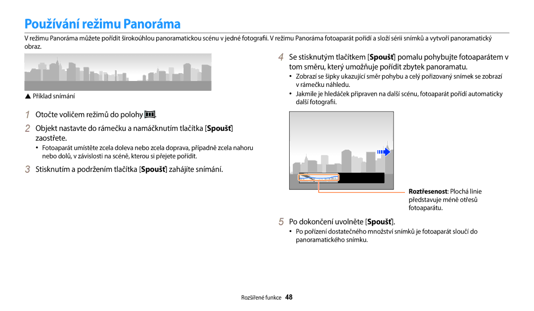 Samsung EC-WB1100BPRE3, EC-WB1100BPBE3 manual Používání režimu Panoráma, Tom směru, který umožňuje pořídit zbytek panoramatu 