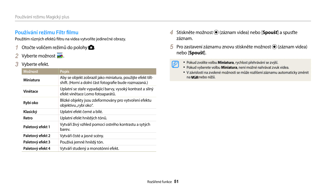 Samsung EC-WB1100BPBE3 Používání režimu Filtr filmu, Záznam, Vyberte možnost Nebo Spoušť Vyberte efekt, Paletový efekt 