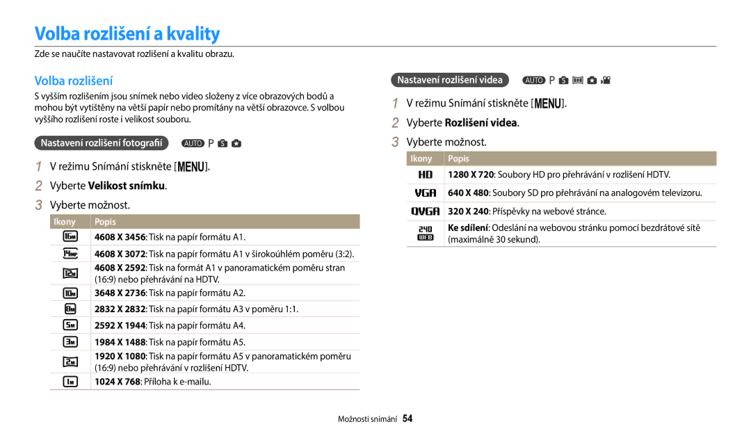 Samsung EC-WB1100BPRE3, EC-WB1100BPBE3 manual Volba rozlišení a kvality, Vyberte Velikost snímku, Vyberte Rozlišení videa 