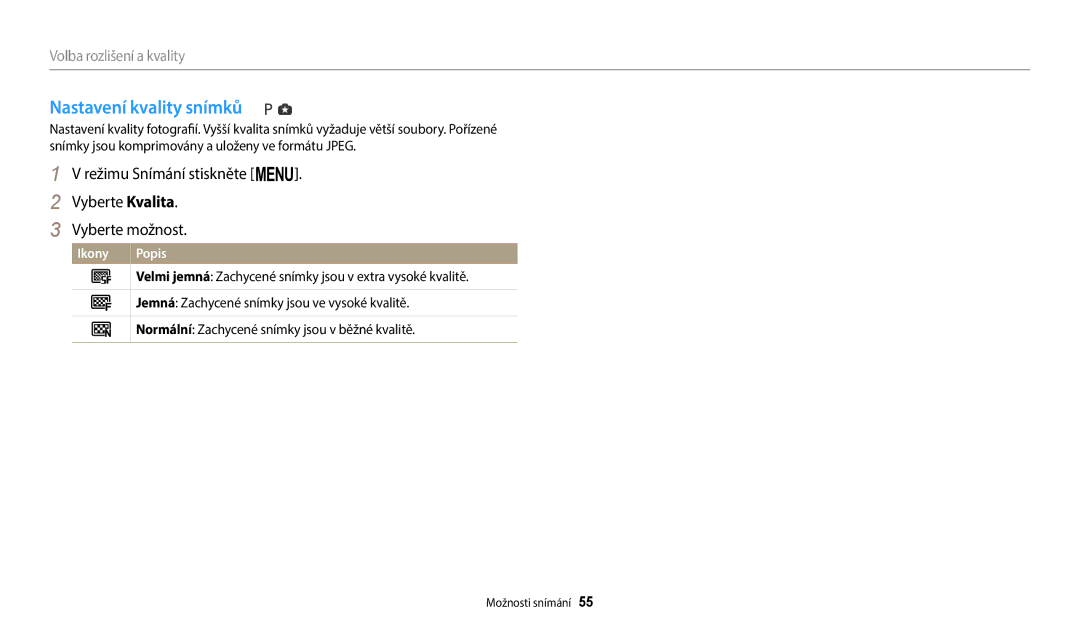 Samsung EC-WB1100BPBE3 manual Nastavení kvality snímků, Režimu Snímání stiskněte m Vyberte Kvalita Vyberte možnost 