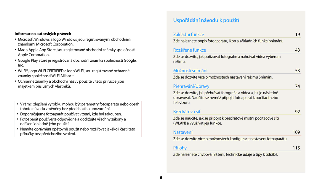 Samsung EC-WB1100BPBE3, EC-WB1100BPRE3 manual Uspořádání návodu k použití, 109, Informace o autorských právech 