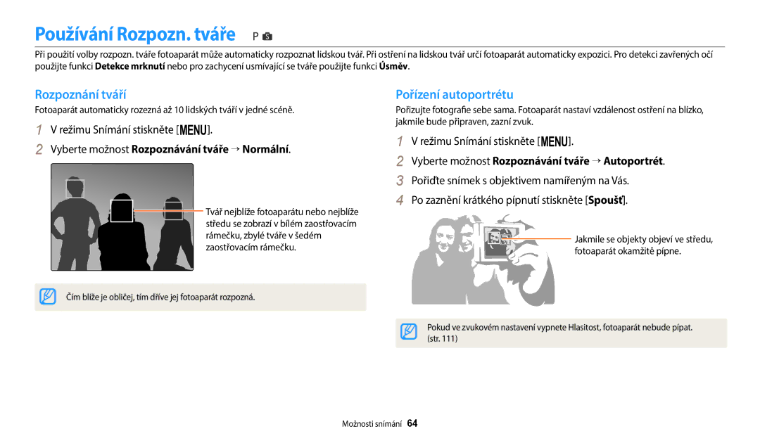 Samsung EC-WB1100BPRE3, EC-WB1100BPBE3 manual Používání Rozpozn. tváře, Rozpoznání tváří, Pořízení autoportrétu 