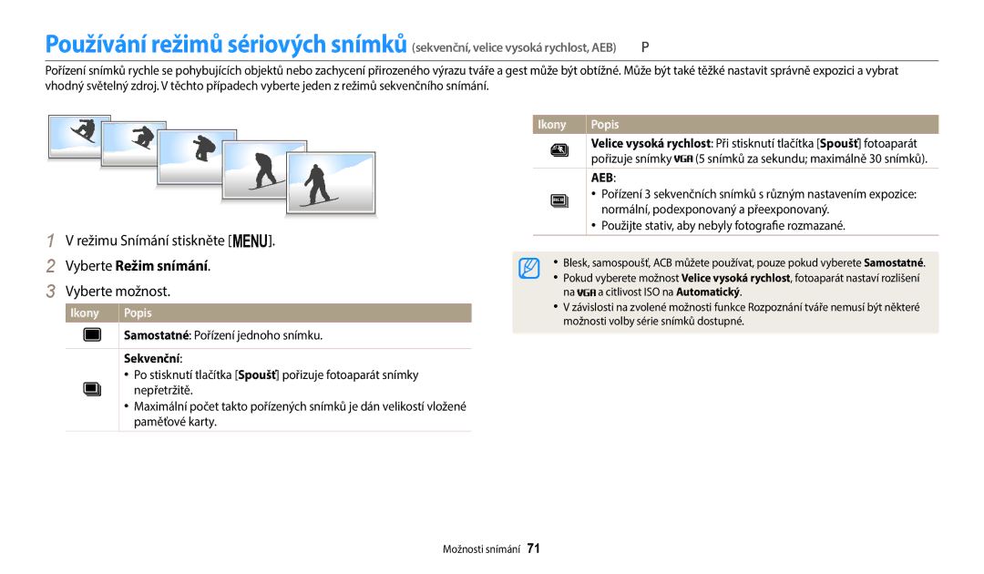 Samsung EC-WB1100BPBE3, EC-WB1100BPRE3 manual Vyberte Režim snímání, Sekvenční 