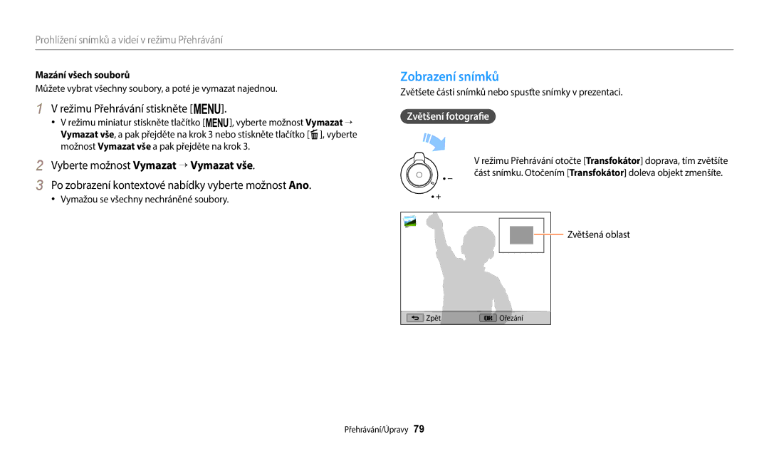 Samsung EC-WB1100BPBE3 manual Zobrazení snímků, Režimu Přehrávání stiskněte m, Zvětšení fotografie, Mazání všech souborů 