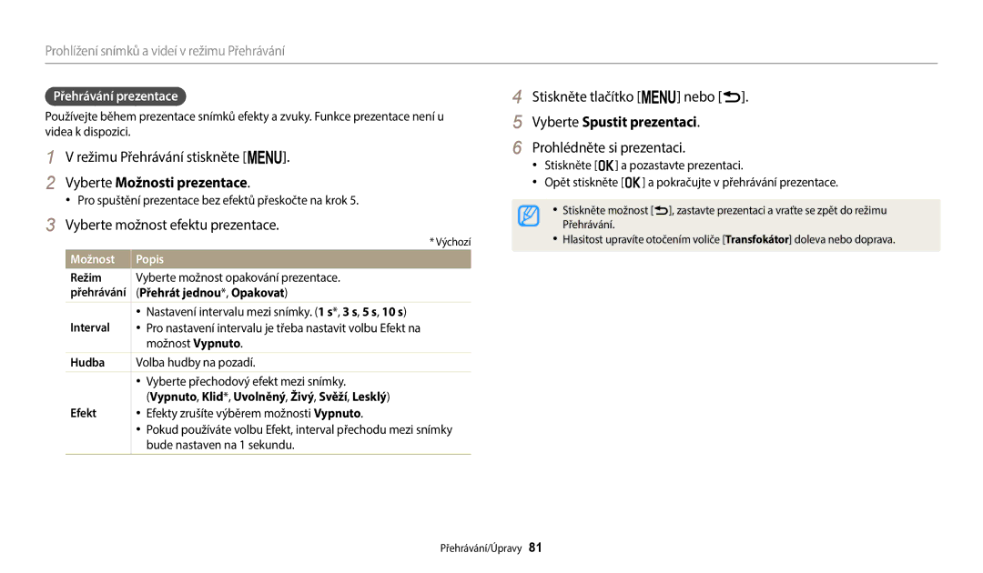 Samsung EC-WB1100BPBE3, EC-WB1100BPRE3 Stiskněte tlačítko m nebo r, Vyberte Spustit prezentaci, Prohlédněte si prezentaci 