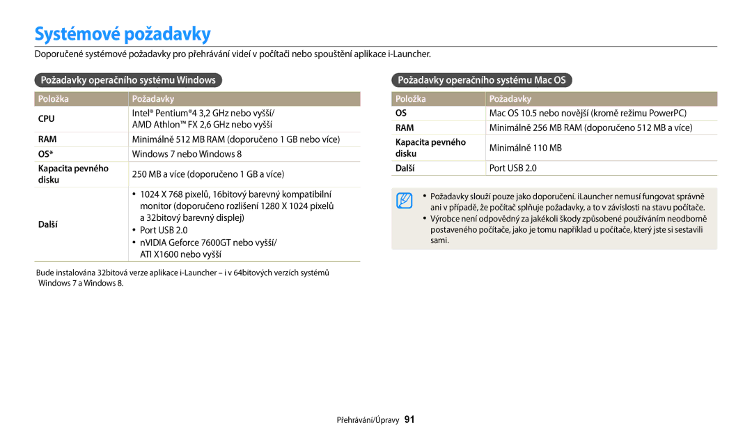 Samsung EC-WB1100BPBE3 Systémové požadavky, Požadavky operačního systému Windows, Požadavky operačního systému Mac OS 