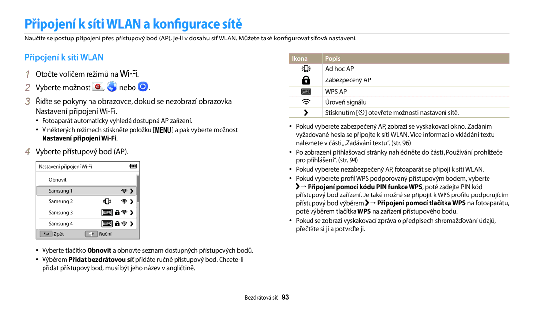 Samsung EC-WB1100BPBE3, EC-WB1100BPRE3 Připojení k síti Wlan a konfigurace sítě, Vyberte přístupový bod AP, Ikona Popis 