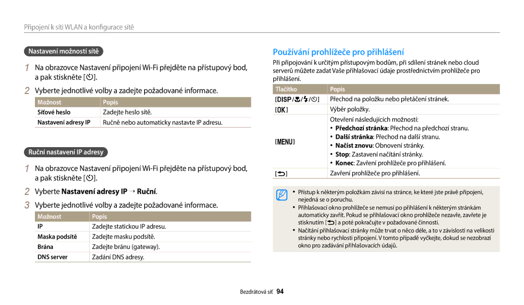 Samsung EC-WB1100BPRE3 manual Používání prohlížeče pro přihlášení, Vyberte jednotlivé volby a zadejte požadované informace 