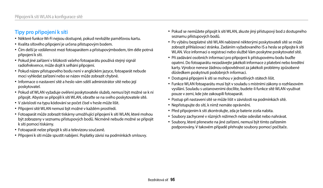 Samsung EC-WB1100BPBE3, EC-WB1100BPRE3 manual Tipy pro připojení k síti 