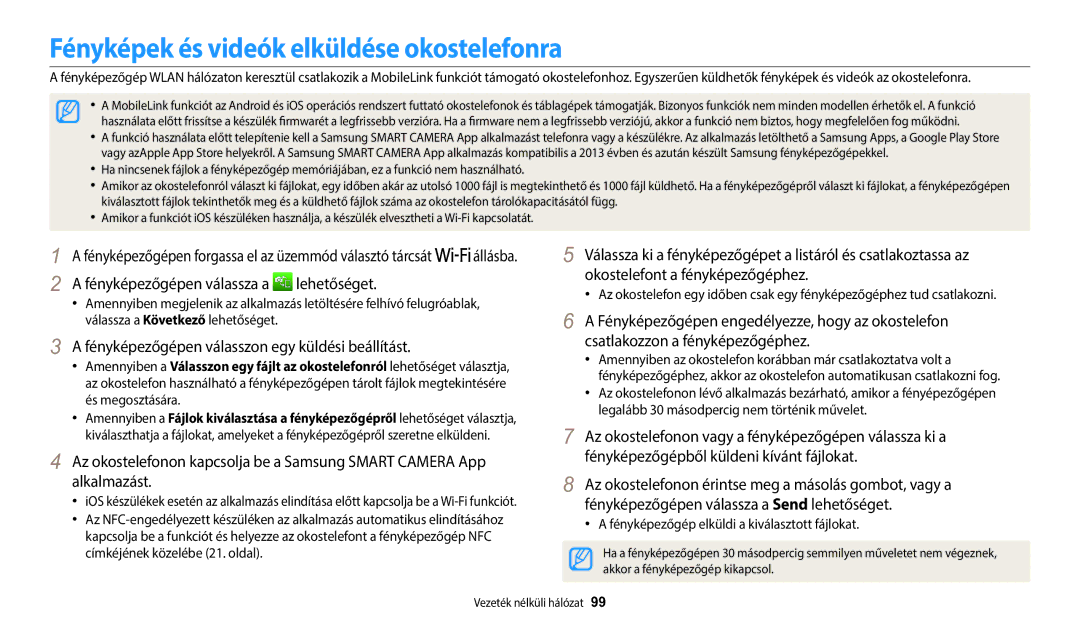 Samsung EC-WB1100BPBE3 Lehetőséget Okostelefont a fényképezőgéphez, Fényképezőgépen engedélyezze, hogy az okostelefon 