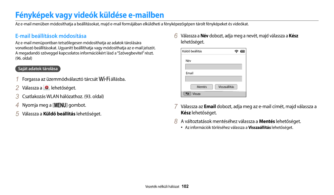 Samsung EC-WB1100BPRE3 manual Fényképek vagy videók küldése e-mailben, Mail beállítások módosítása, Saját adatok tárolása 